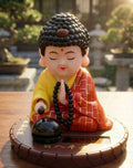 Buddhist Solar Meditation Figurine, Car Dashboard Ornament with Prayer Beads, Yellow and Red Robe, Decorative Base, Zen Home Decor