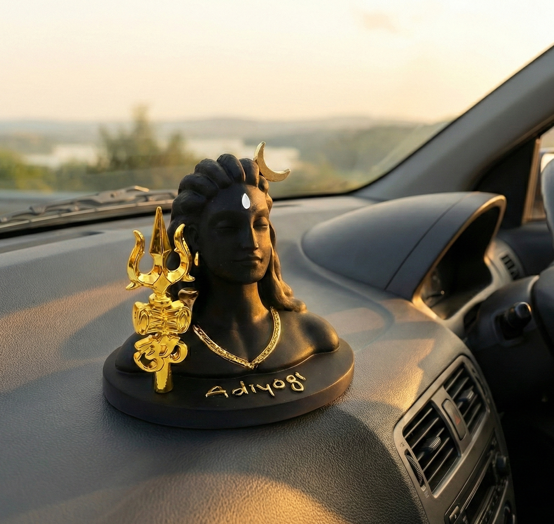 Adiyogi Shiva Idol Car Dashboard Figurine, Black and Gold with Trishul and Om Symbol, Resin, 8x8x7 cm