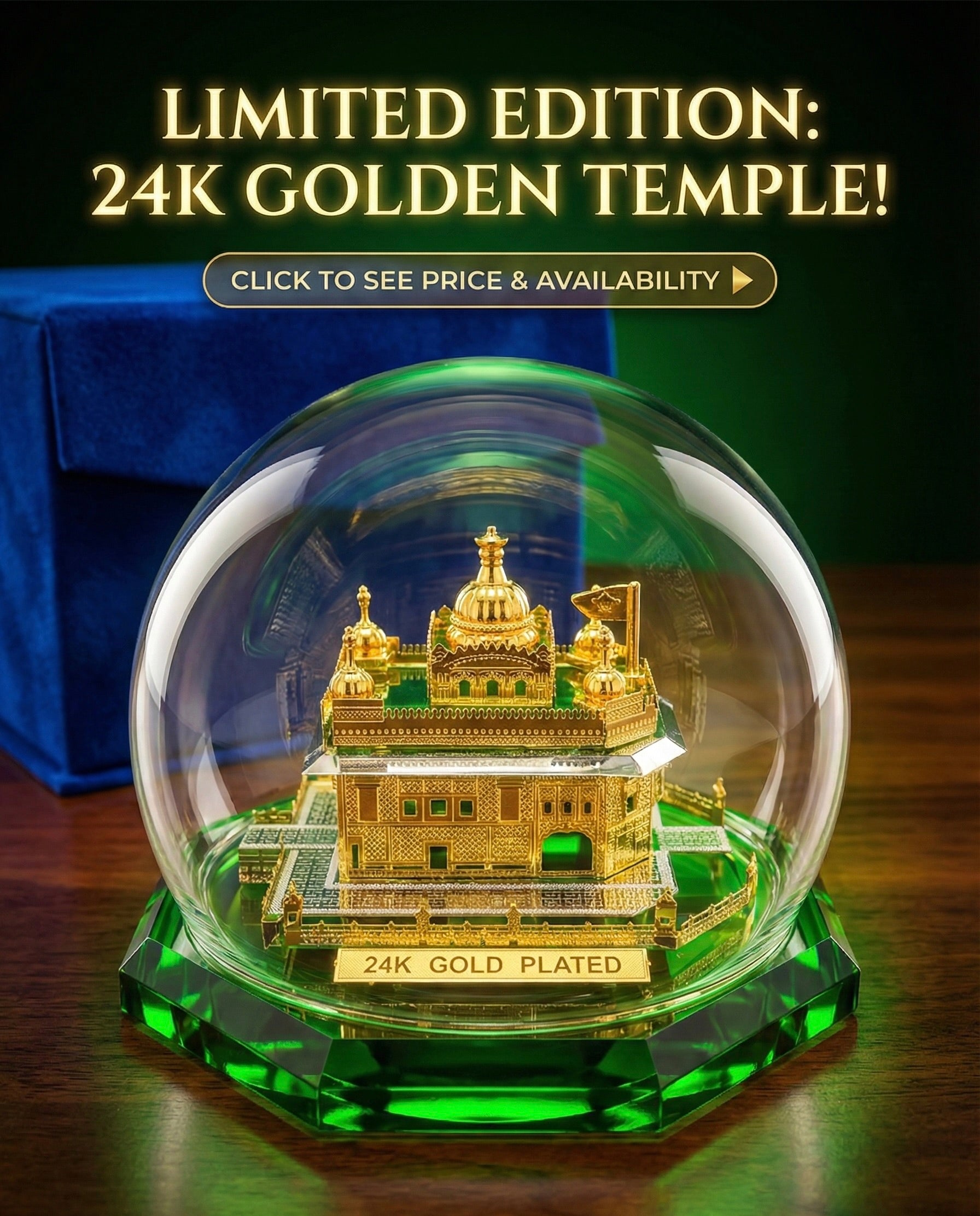 Limited Edition 24K Gold Plated Golden Temple Model with Glass Dome, Decorative Religious Sculpture on Green Crystal Base.