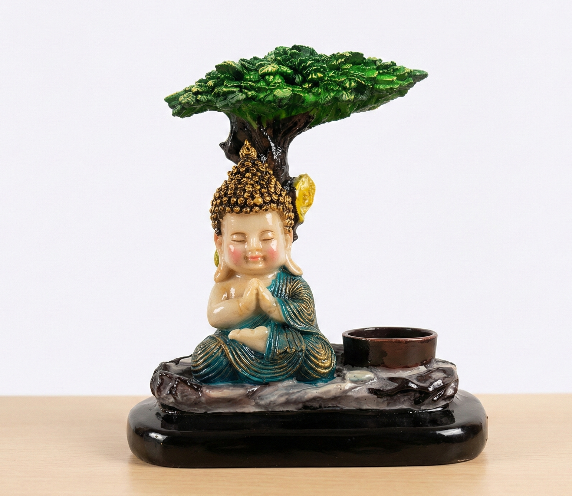 Buddha Figurine with Tree Canopy, Meditating Monk Statue, Teal and Gold, Resin, Home Decor with Tealight Holder