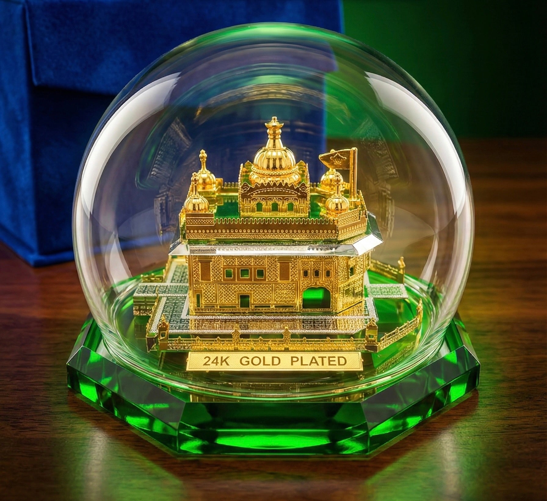 Limited Edition 24K Gold Plated Golden Temple Model with Glass Dome, Decorative Religious Sculpture on Green Crystal Base.