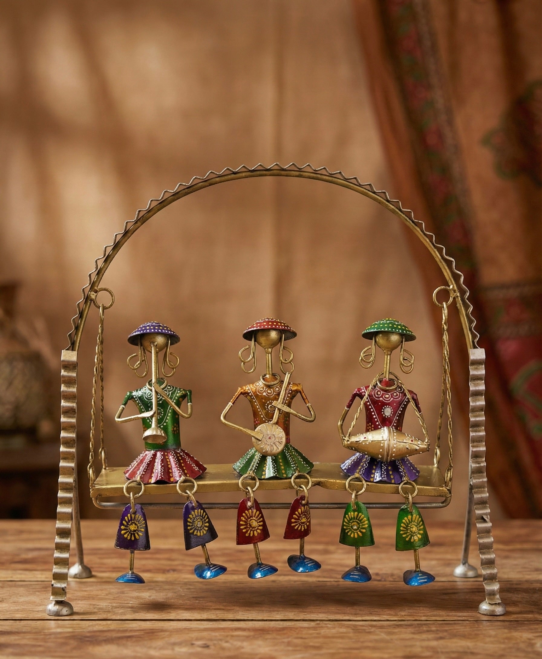 Rajasthani Musician Figurines for Home Decor, Handcrafted Metal Swing with 3 Musical Figures, Traditional Indian Art Sculpture, Decorative Showpiece