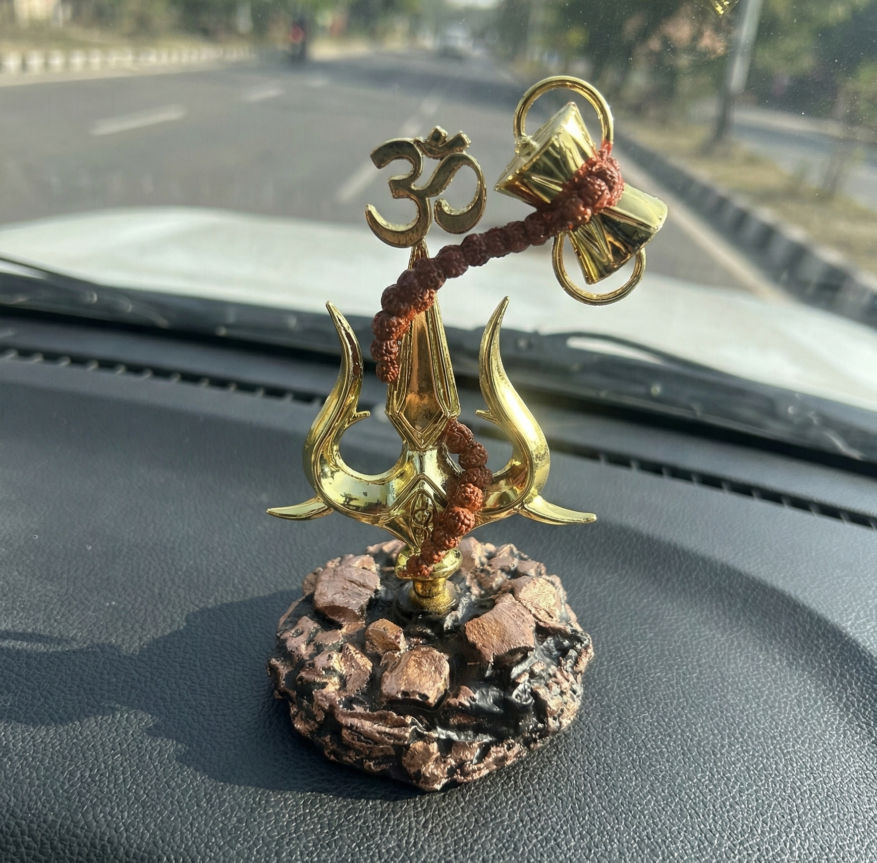 Hindu Trishul Om Car Dashboard Idol, Gold Finish, Spiritual Decor with Brown Base