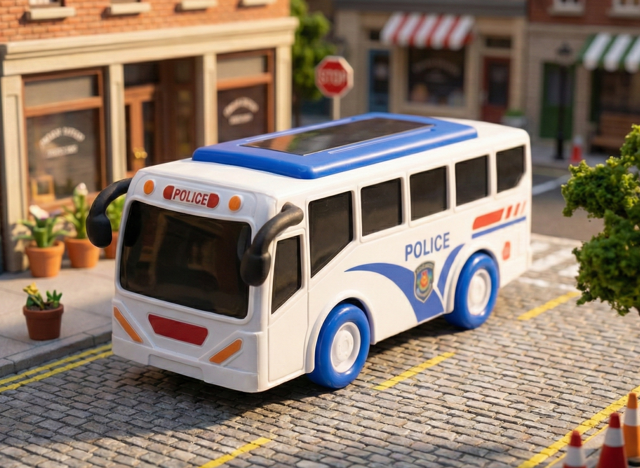 Police Bus Toy, White and Blue, Panel Roof, Kids Play Vehicle