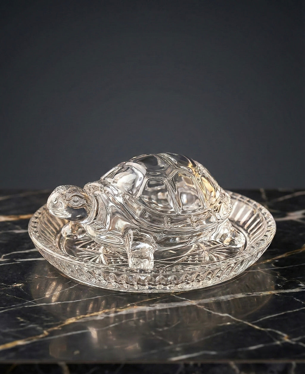 Crystal Glass Turtle Figurine with Decorative Plate, Clear, Home Decor Showpiece