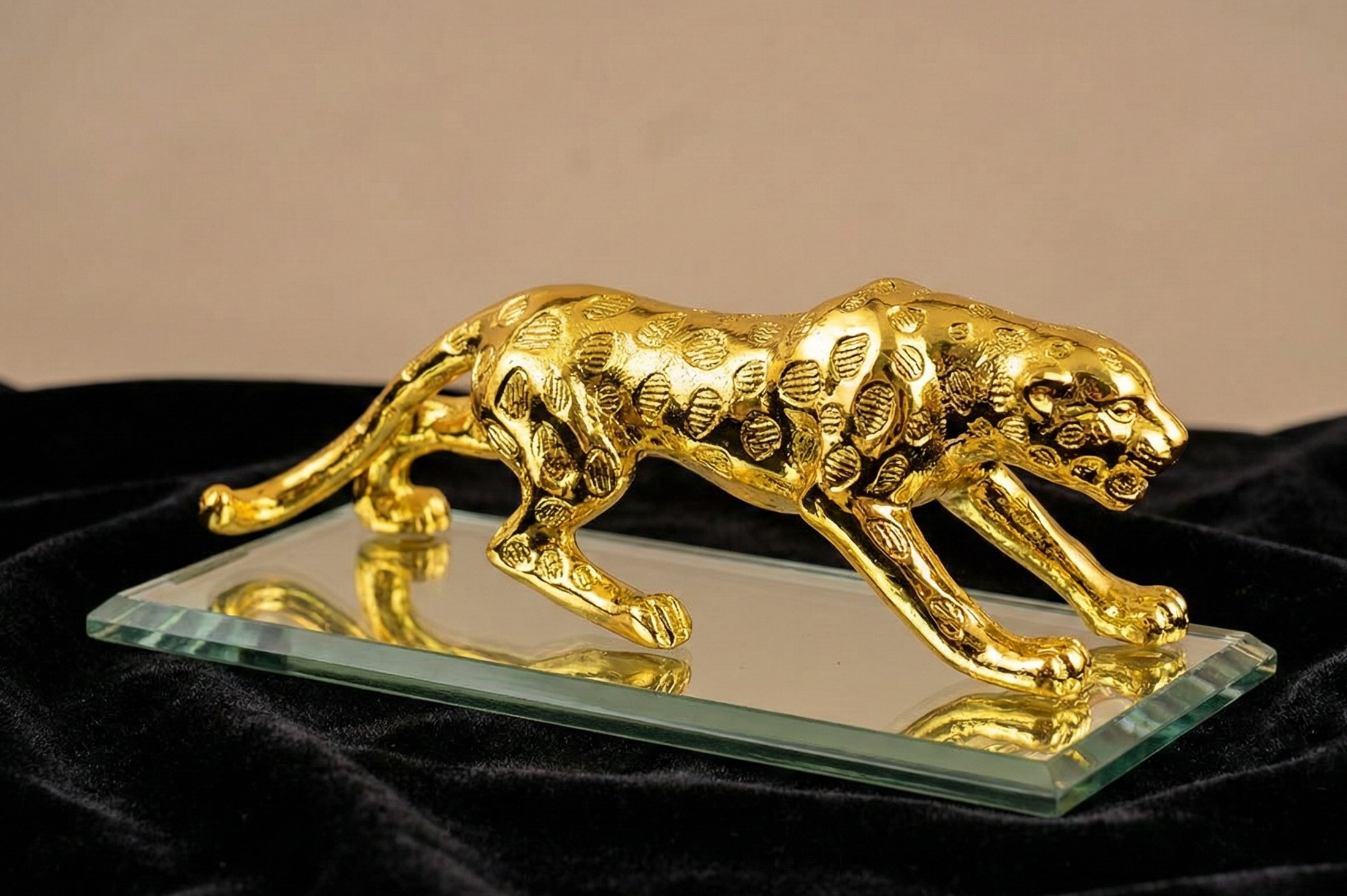 Gold Leopard Figurine on Glass Base, Decorative Statue, Textured Finish, Home Decor Accent