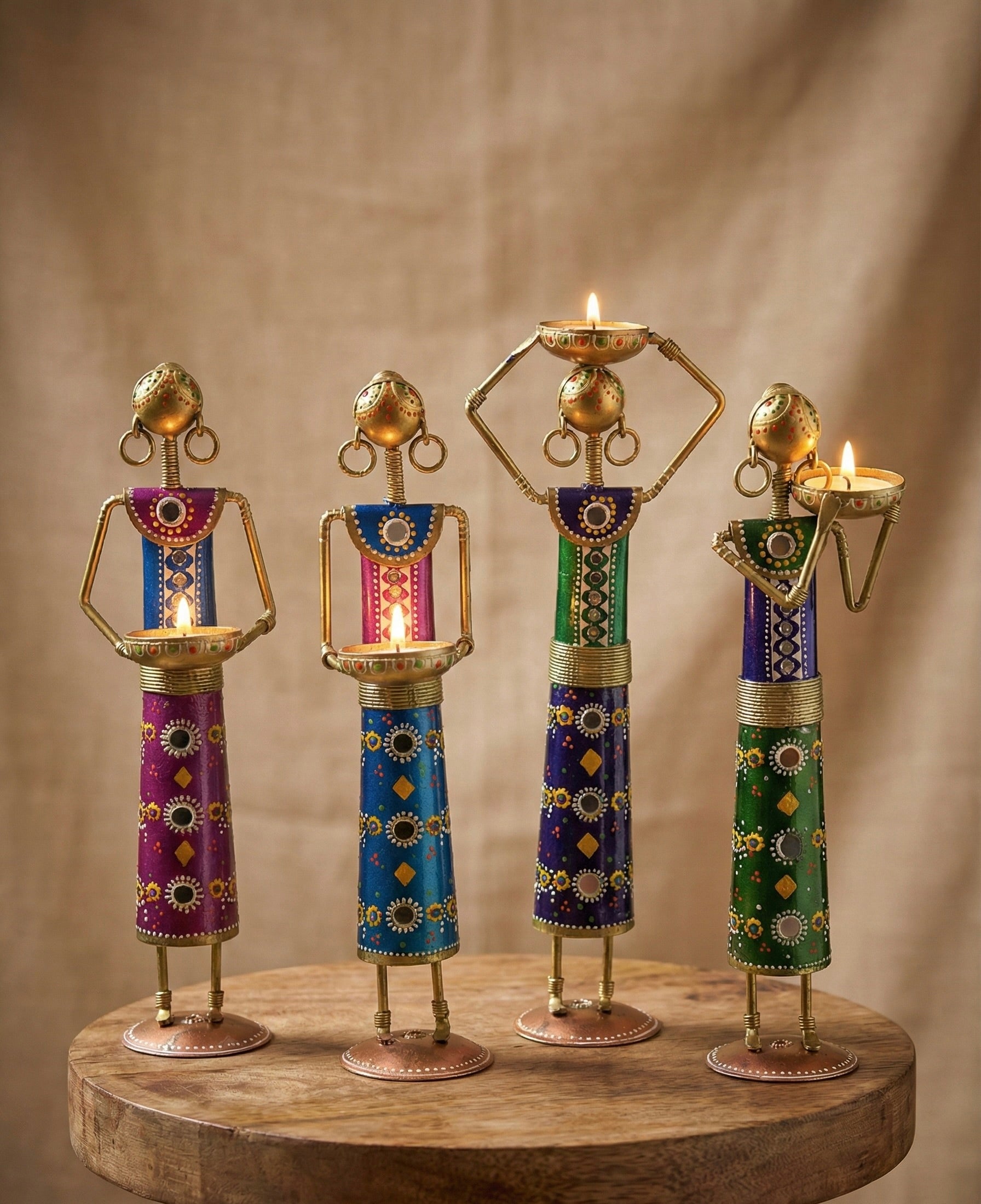 Rajasthani Handcrafted Metal Tea Light Candle Holders, Decorative Rajasthani Figure Design, Colourful Hand-Painted, Set of 4, Traditional Indian Home Décor