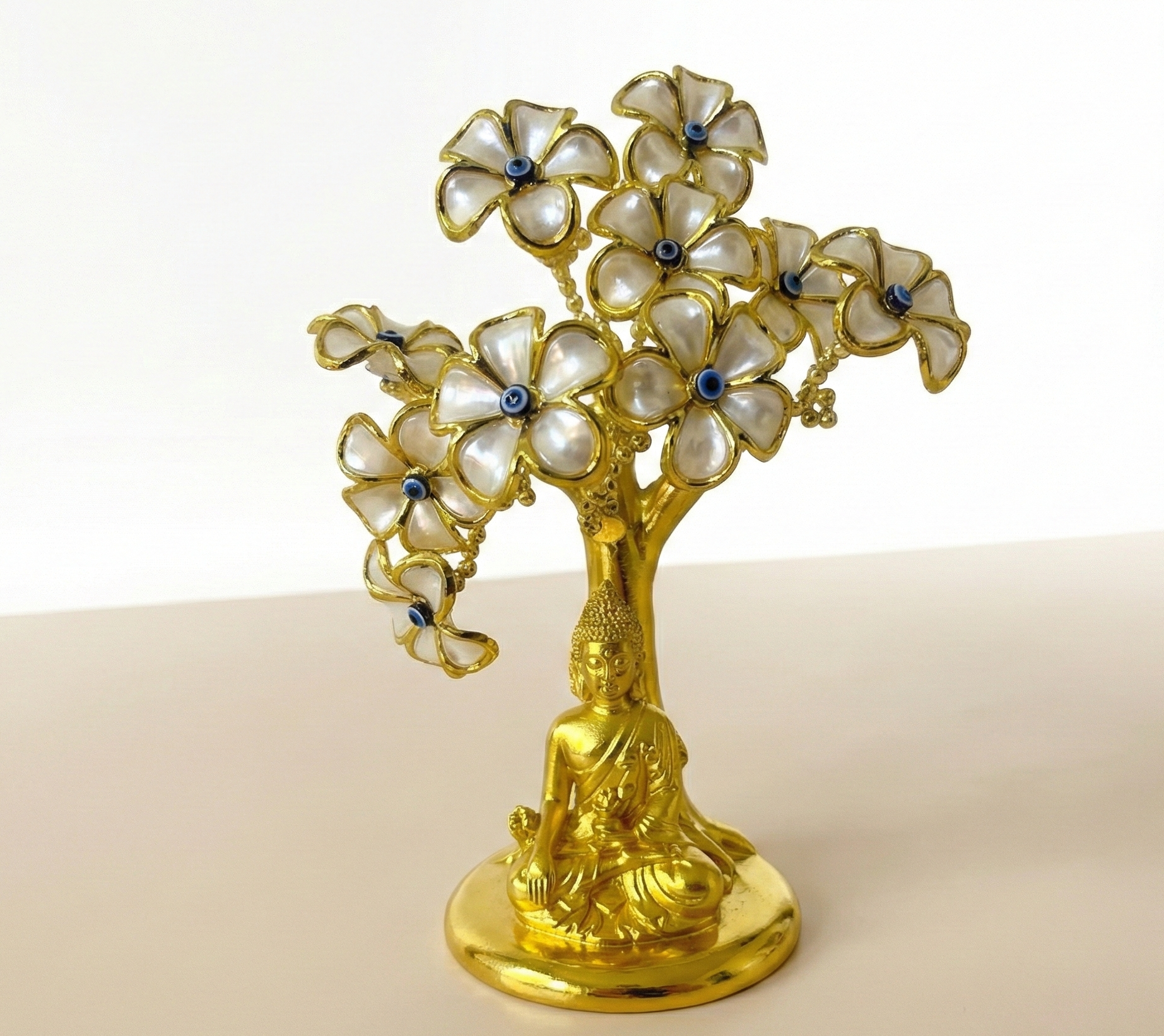Golden Buddha Tree Figurine with Pearl Flowers, Blue Stone Centers, Decorative Spiritual Décor