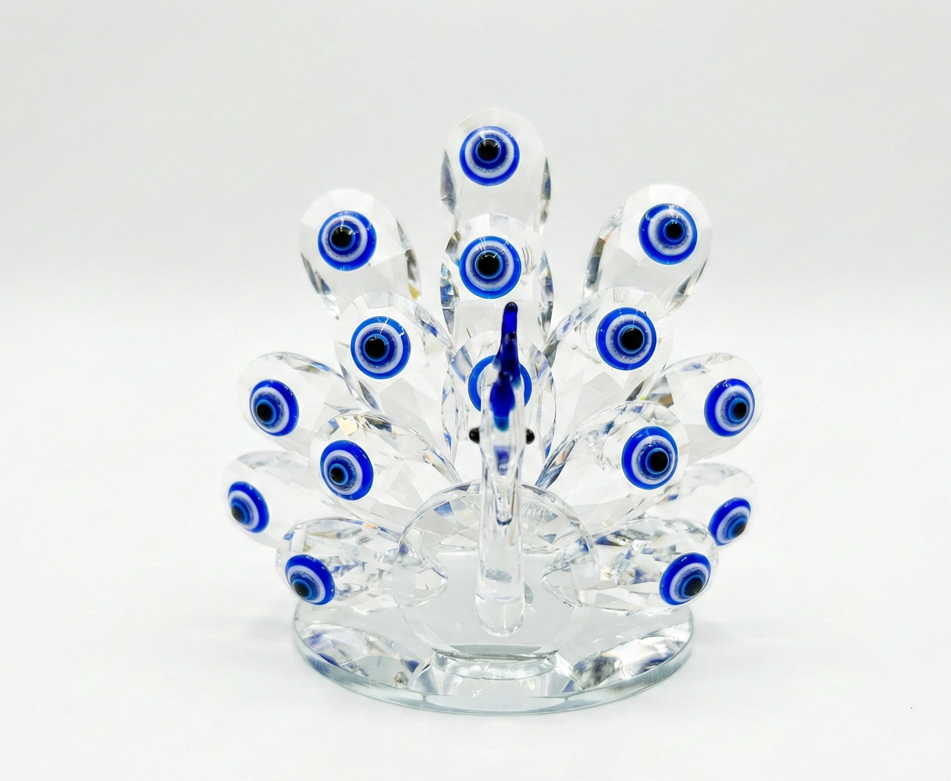 Crystal Glass Peacock Figurine with Blue Evil Eye Design, Clear with Blue Accents, Decorative Showpiece