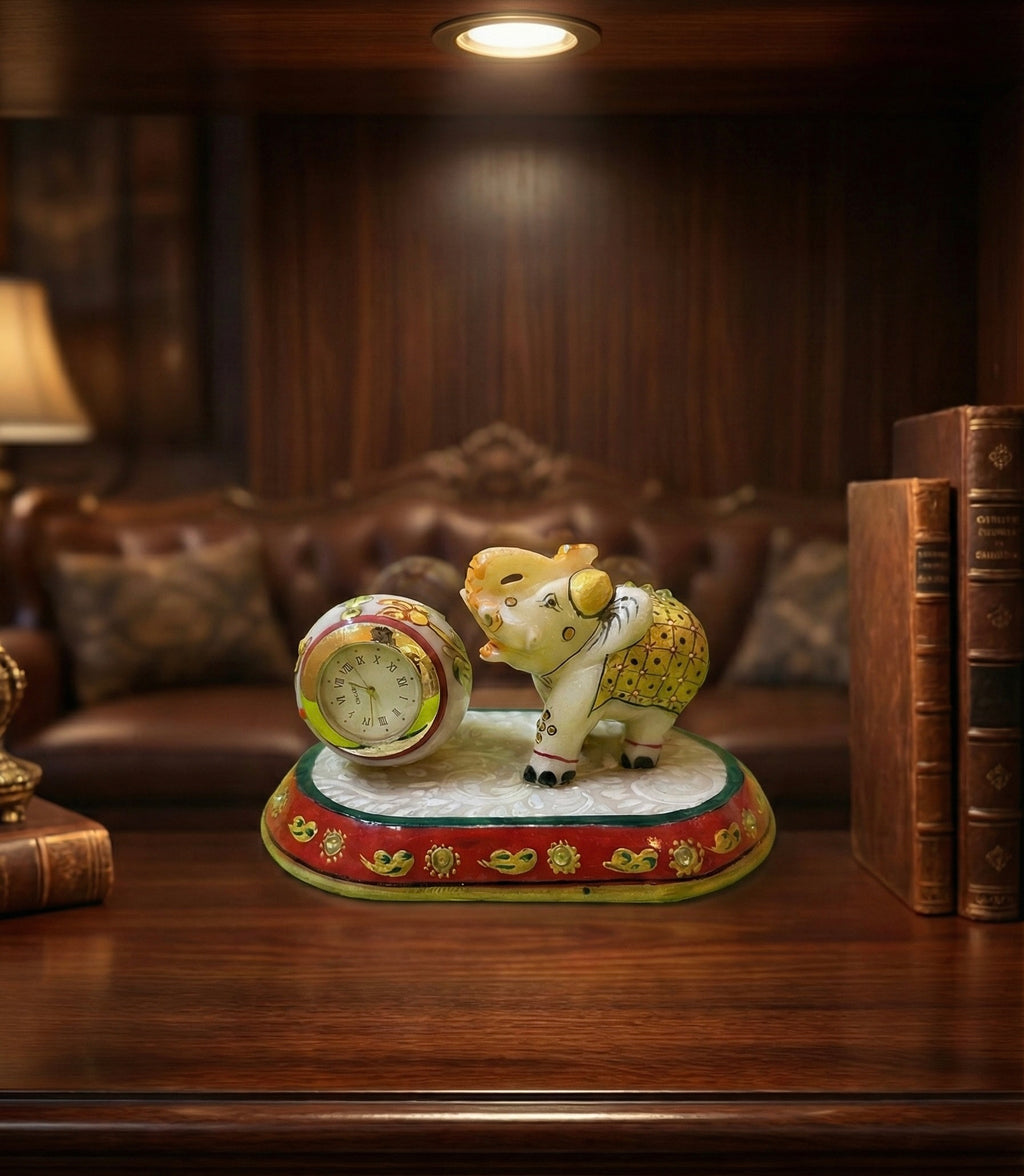 Decorative Marble Carved Elephant Figurine with Clock, Hand-Painted Traditional Indian Design, Red and Gold Marble Base, Home Decor Statue