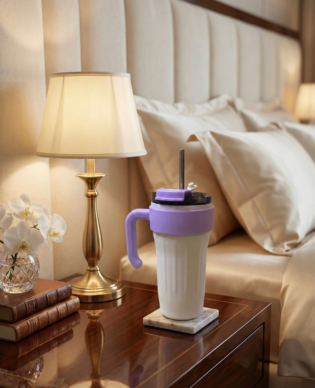 Insulated Tumbler with Handle and Straw, Purple and White, Spill-Proof Lid, Travel Cup