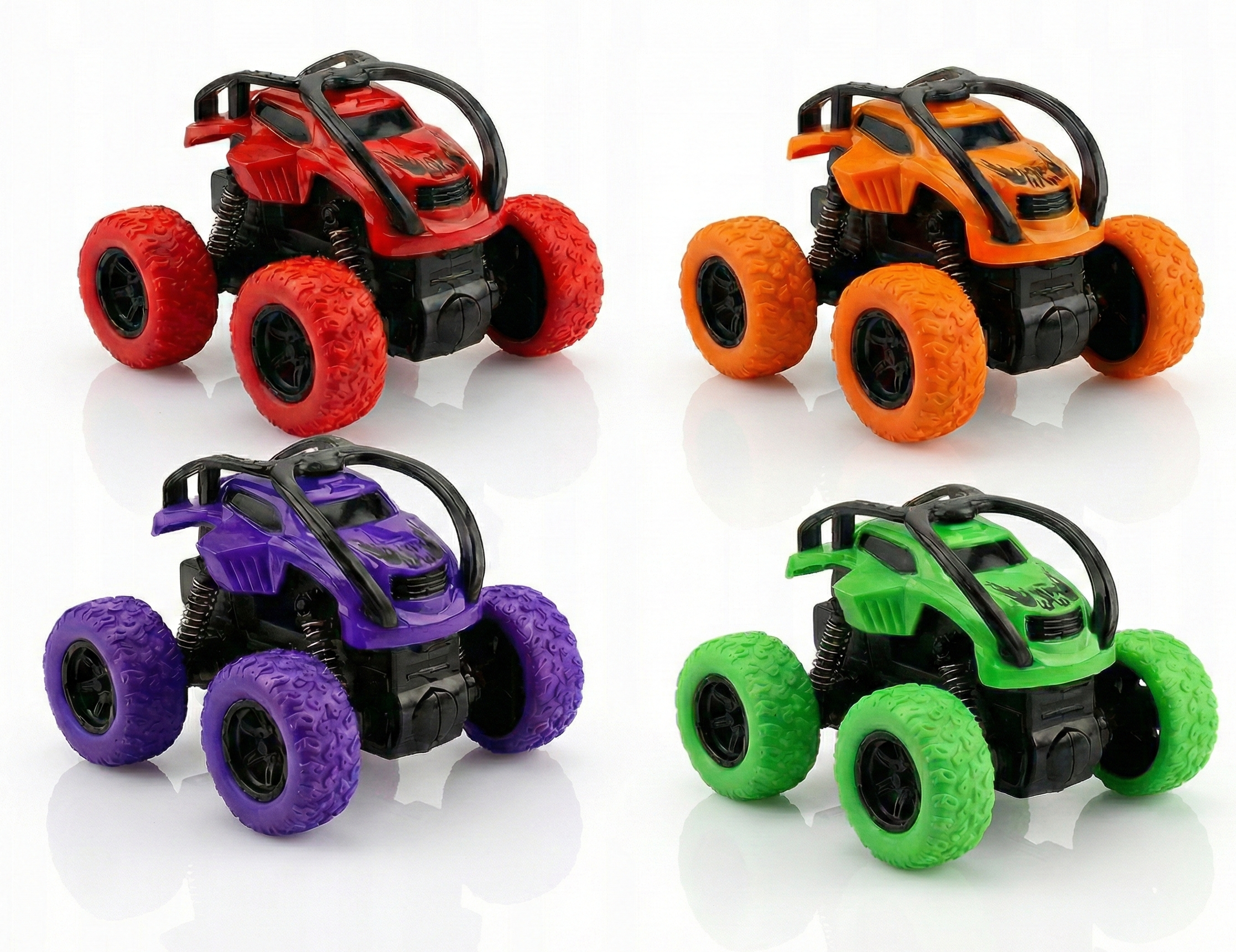 4-Pack Off-Road Adventure Monster Truck Set, Red Orange Purple Green
