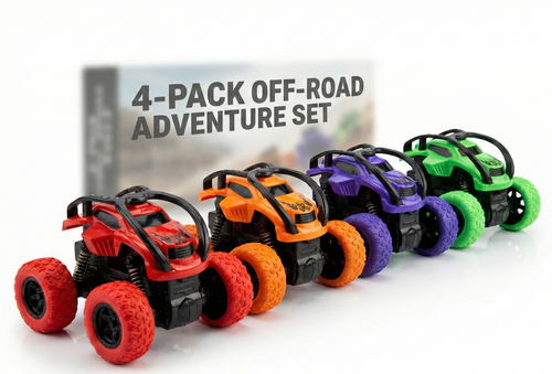 4-Pack Off-Road Adventure Monster Truck Set, Red Orange Purple Green