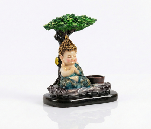 Buddha Figurine with Tree Canopy, Meditating Monk Statue, Teal and Gold, Resin, Home Decor with Tealight Holder