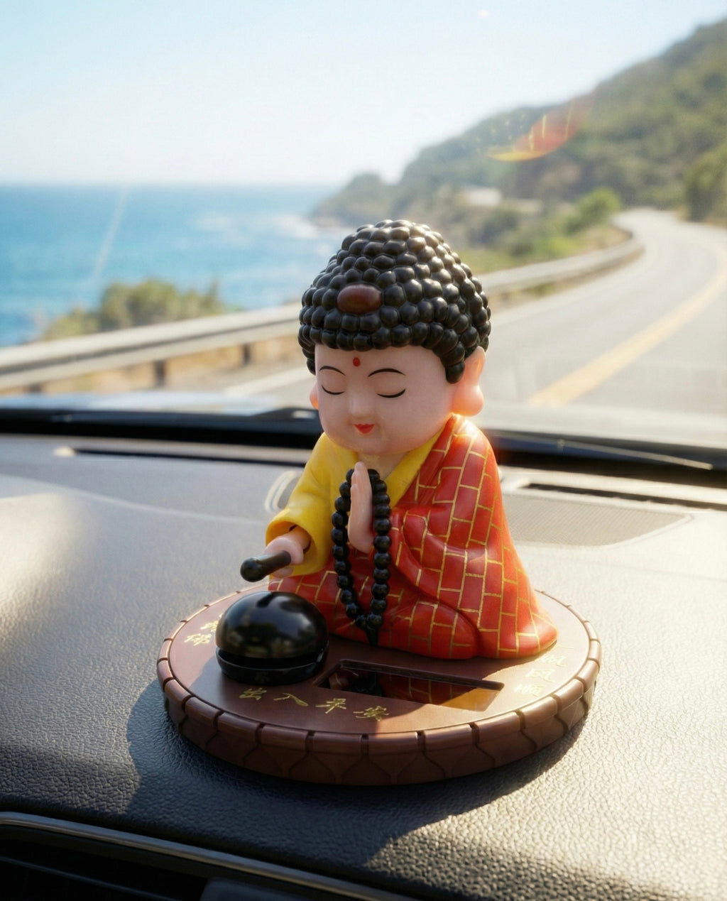 Buddhist Solar Meditation Figurine, Car Dashboard Ornament with Prayer Beads, Yellow and Red Robe, Decorative Base, Zen Home Decor