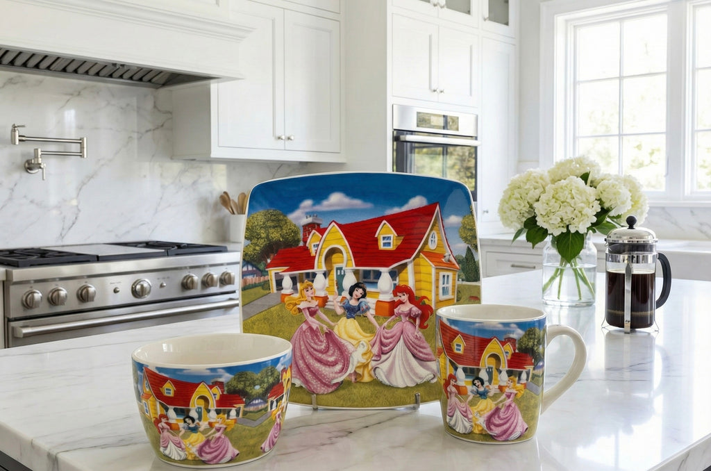Princess Dinnerware Set, 3-Piece, Mug Bowl Plate, Ceramic, Colorful Character Design, Kids Tableware