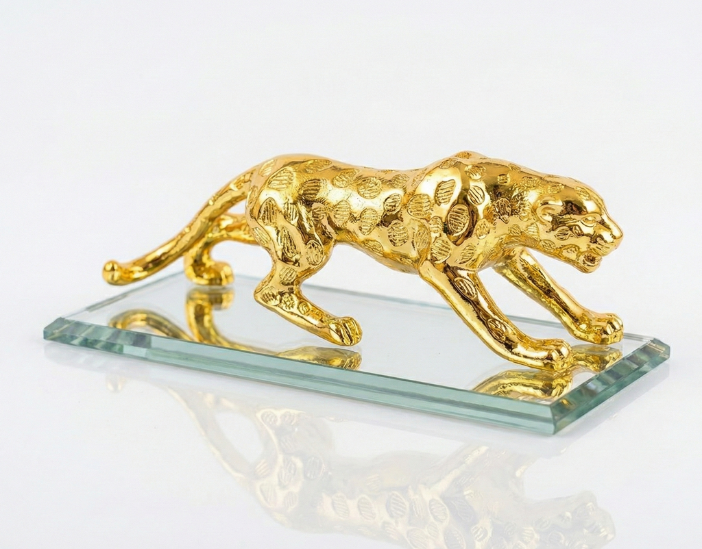 Gold Leopard Figurine on Glass Base, Decorative Statue, Textured Finish, Home Decor Accent