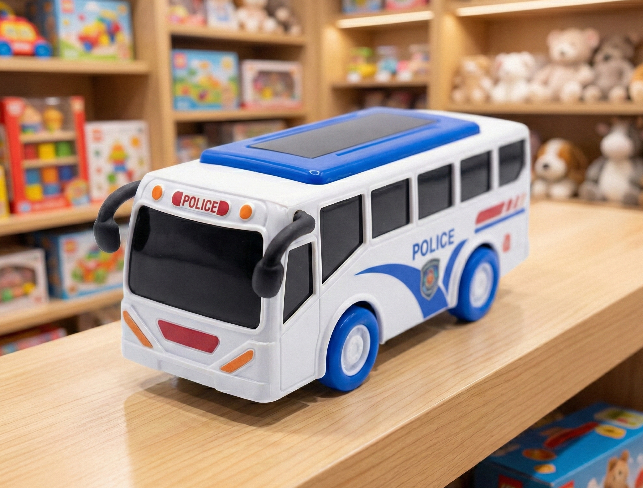 Police Bus Toy, White and Blue, Panel Roof, Kids Play Vehicle