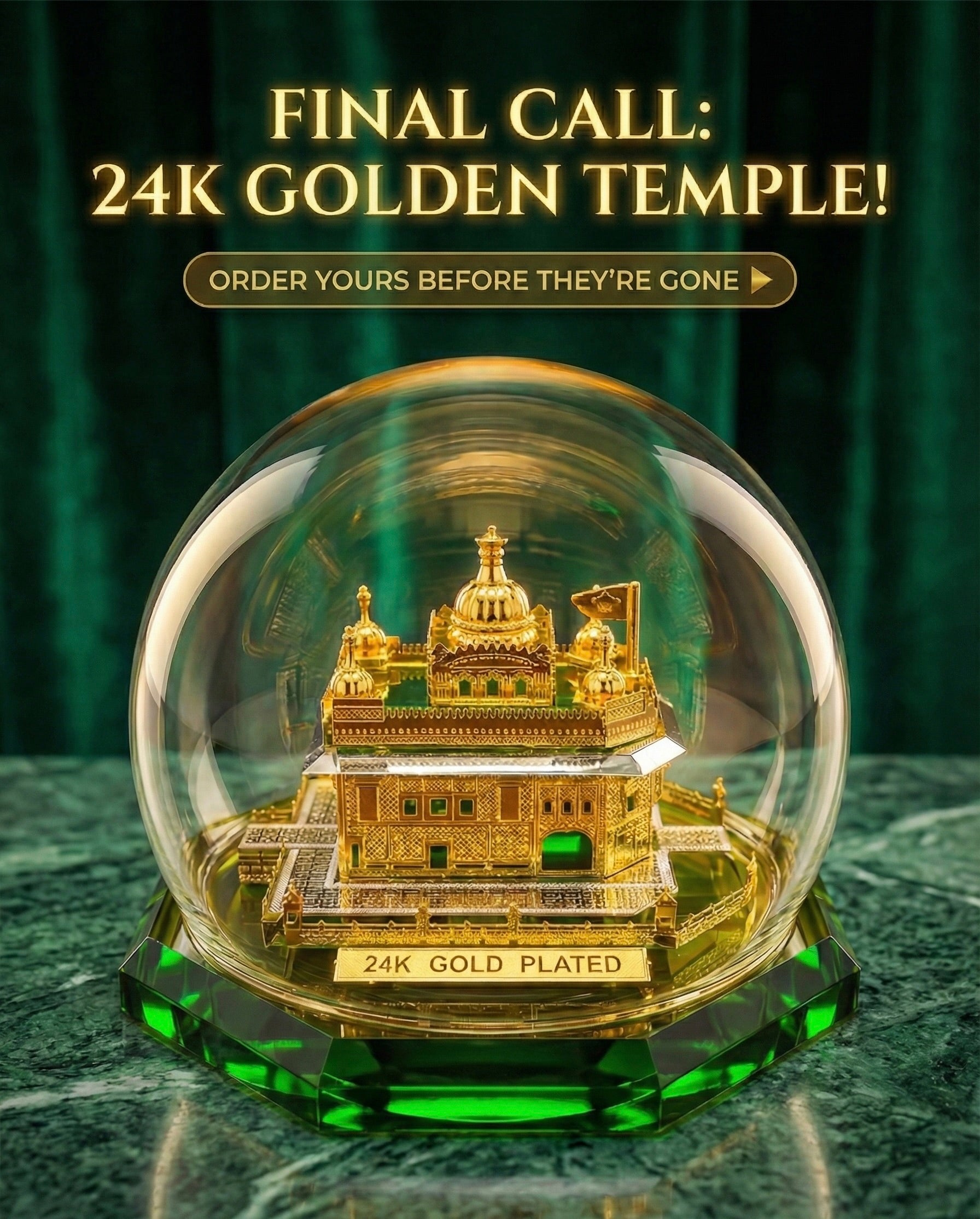 Limited Edition 24K Gold Plated Golden Temple Model with Glass Dome, Decorative Religious Sculpture on Green Crystal Base.