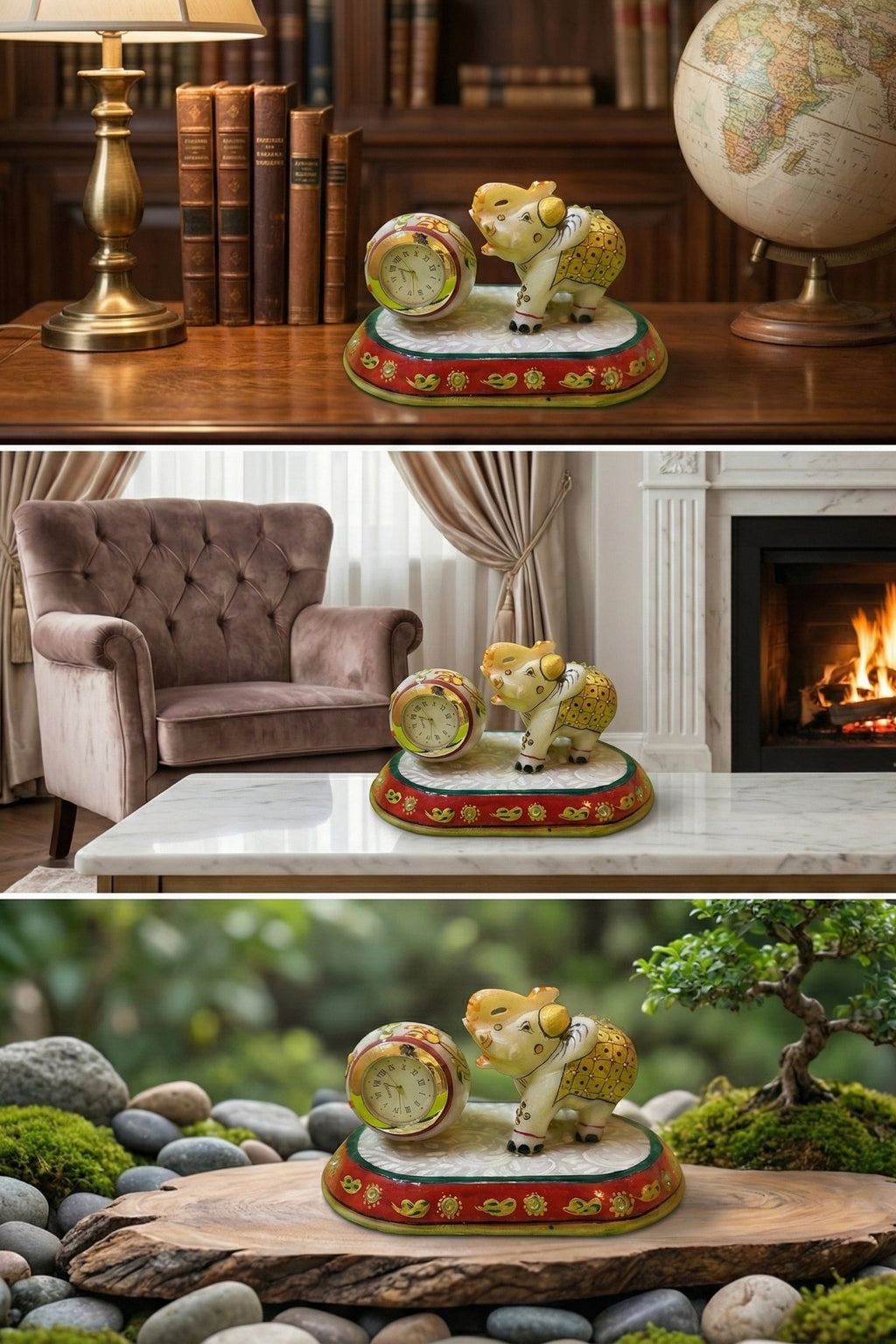 Decorative Marble Carved Elephant Figurine with Clock, Hand-Painted Traditional Indian Design, Red and Gold Marble Base, Home Decor Statue