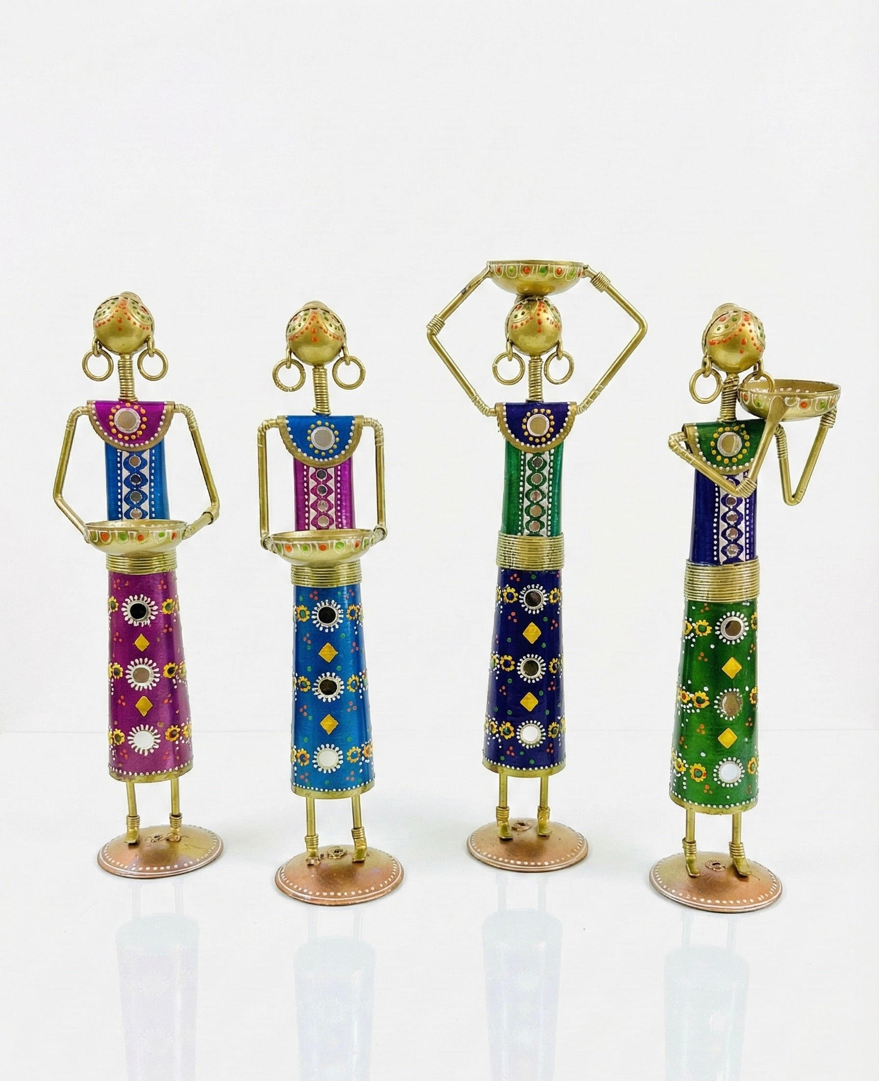 Rajasthani Handcrafted Metal Tea Light Candle Holders, Decorative Rajasthani Figure Design, Colourful Hand-Painted, Set of 4, Traditional Indian Home Décor