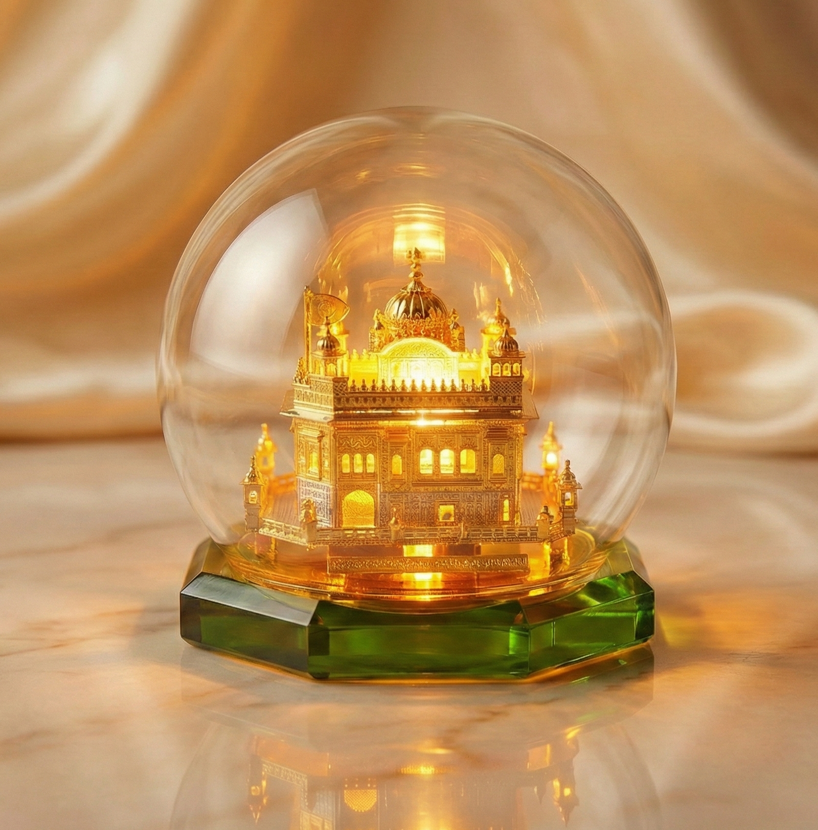 Limited Edition 24K Gold Plated Golden Temple Model with Glass Dome, Decorative Religious Sculpture on Green Crystal Base.