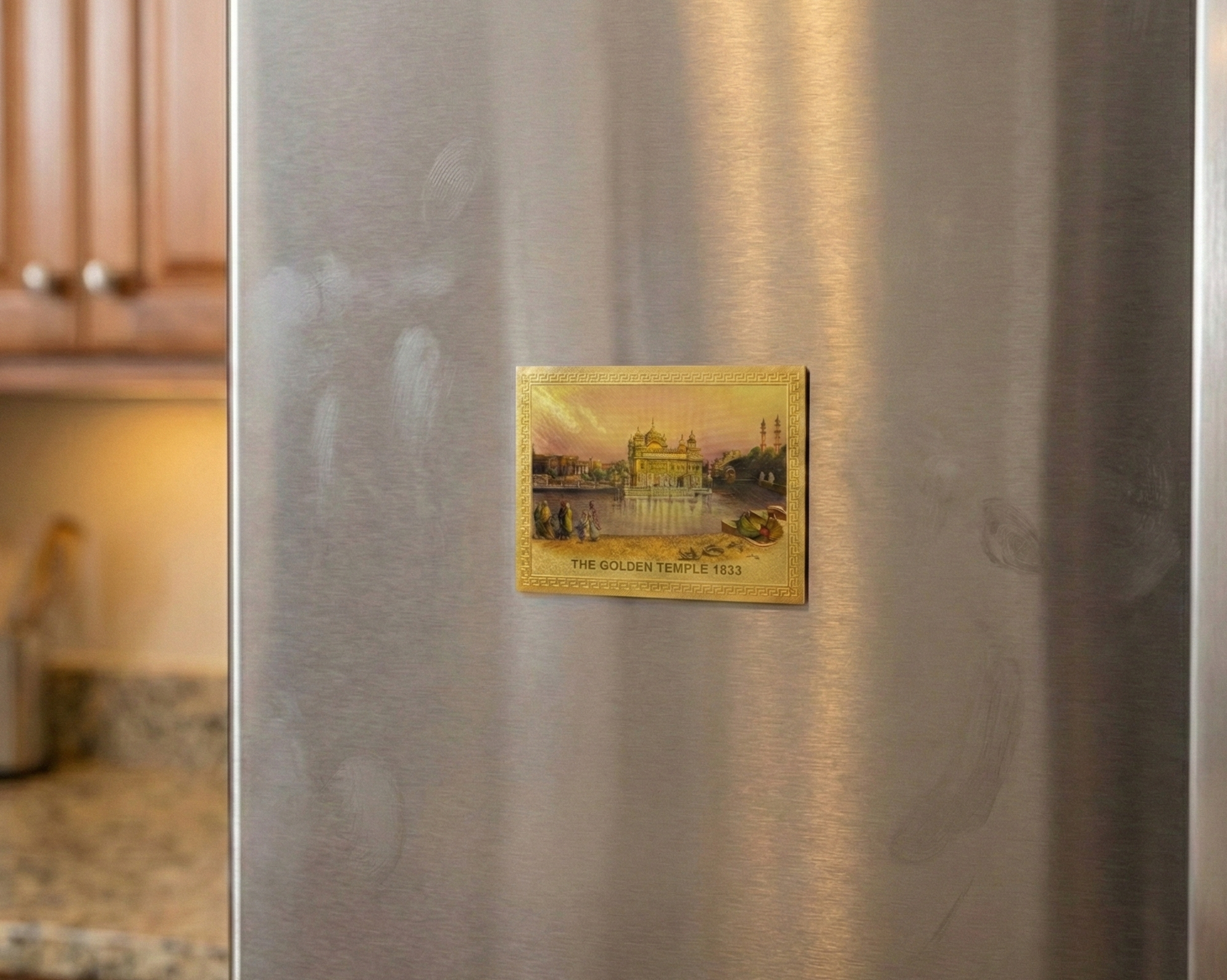 Golden Temple Fridge Magnet, Gold Finish, Decorative Souvenir, Religious Theme