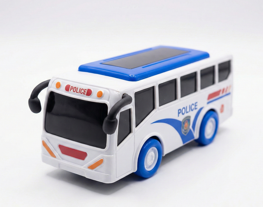 Police Bus Toy, White and Blue, Panel Roof, Kids Play Vehicle