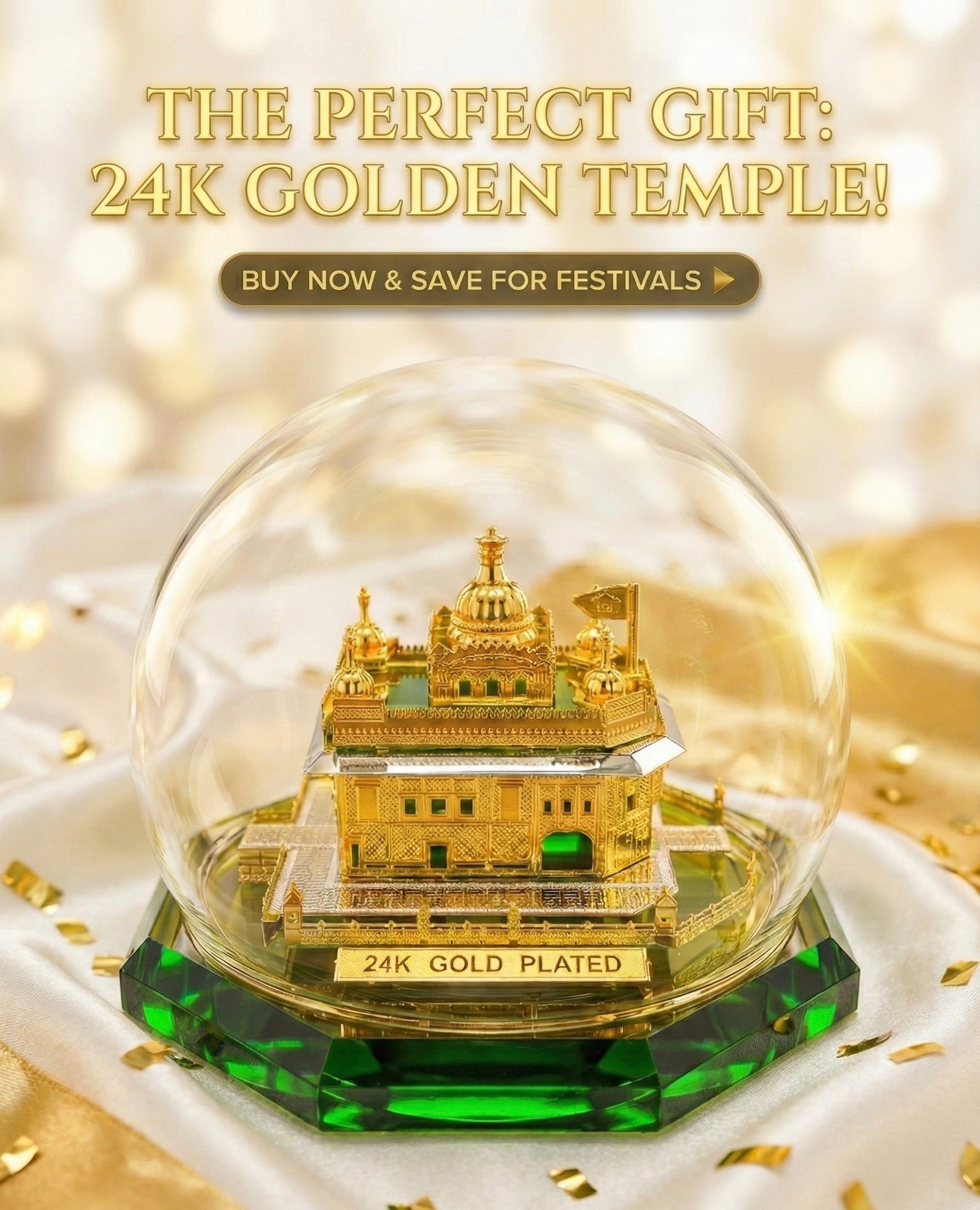 Limited Edition 24K Gold Plated Golden Temple Model with Glass Dome, Decorative Religious Sculpture on Green Crystal Base.