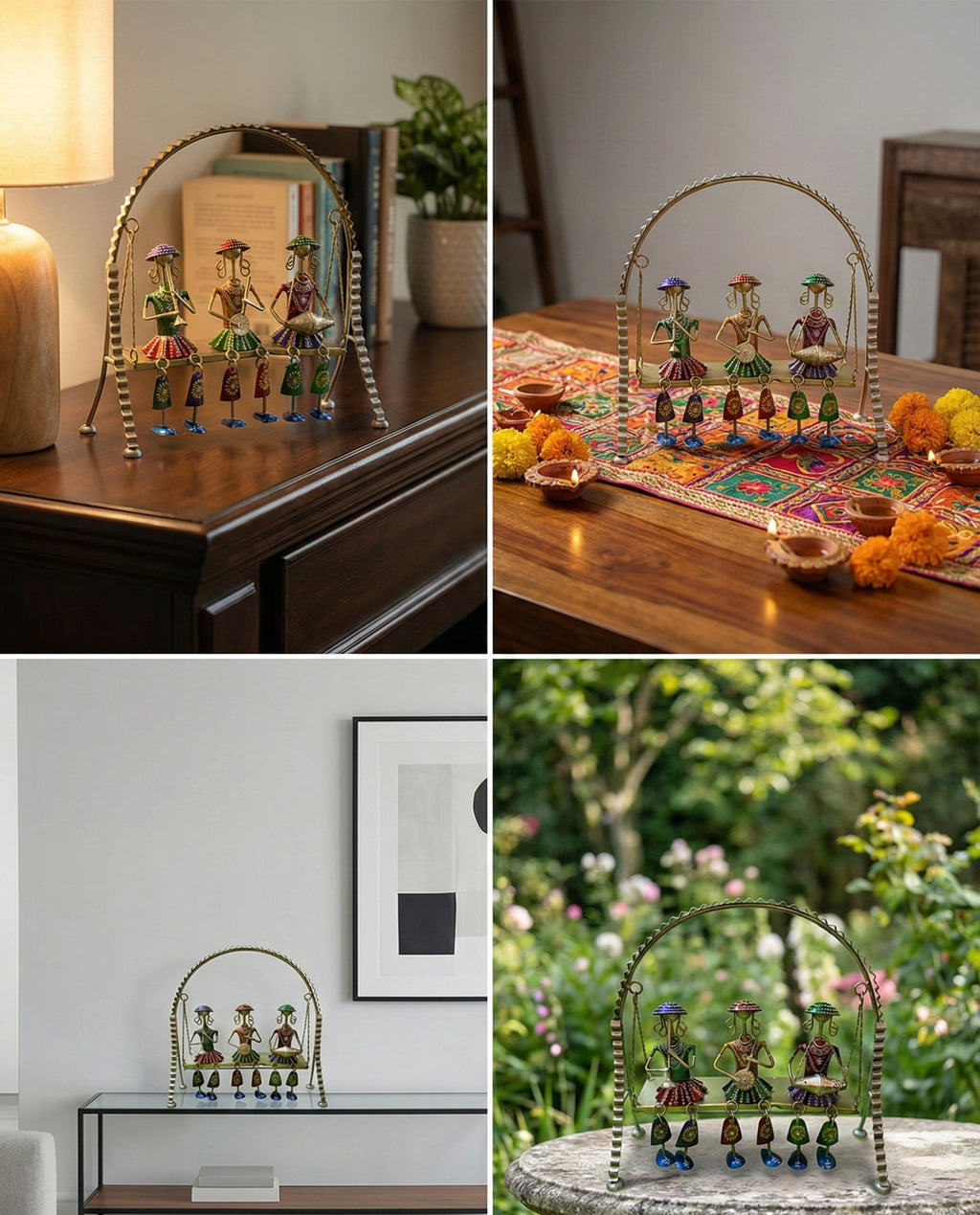 Rajasthani Musician Figurines for Home Decor, Handcrafted Metal Swing with 3 Musical Figures, Traditional Indian Art Sculpture, Decorative Showpiece