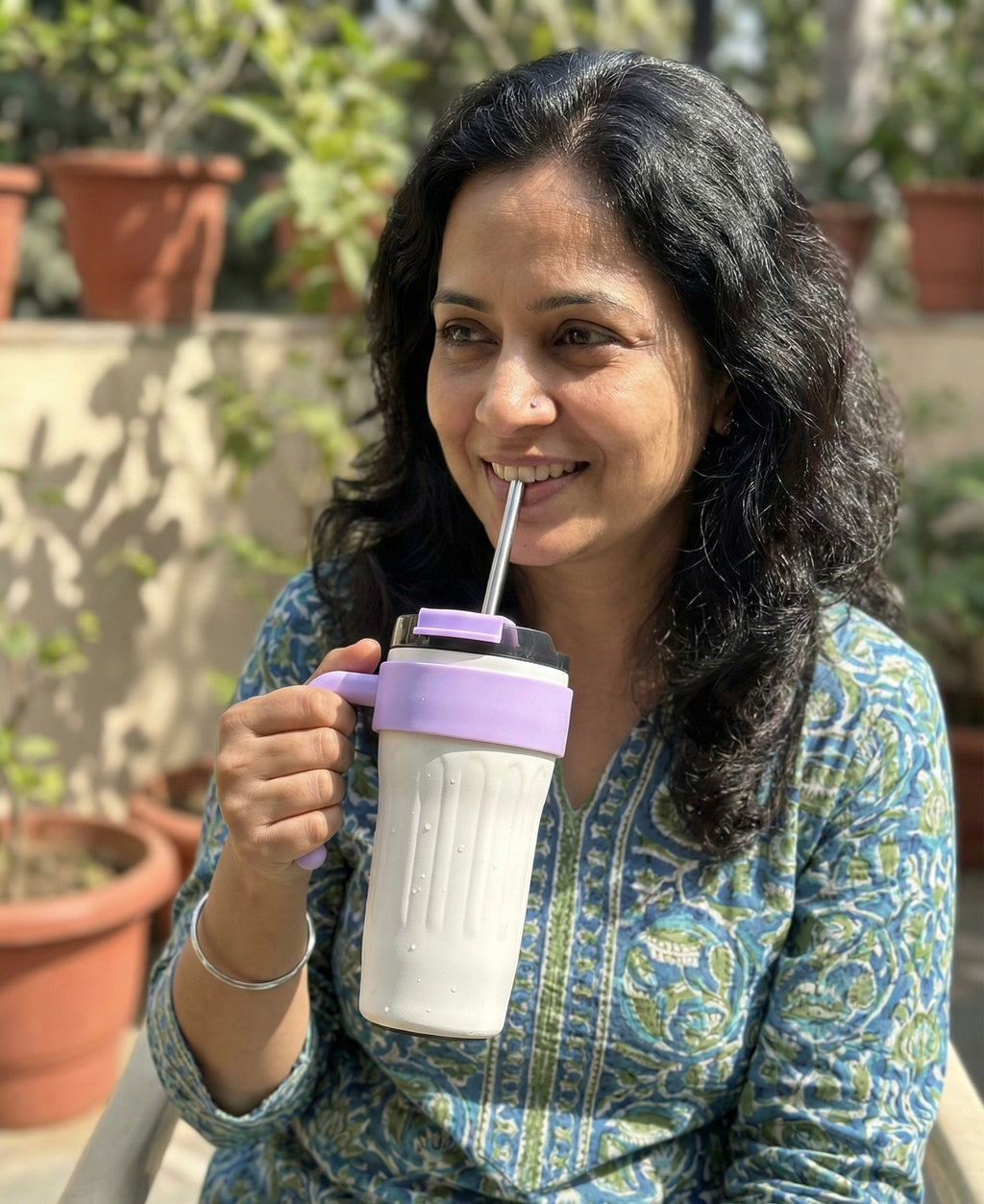 Insulated Tumbler with Handle and Straw, Purple and White, Spill-Proof Lid, Travel Cup