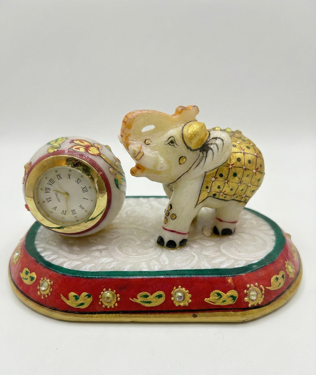 Decorative Marble Carved Elephant Figurine with Clock, Hand-Painted Traditional Indian Design, Red and Gold Marble Base, Home Decor Statue