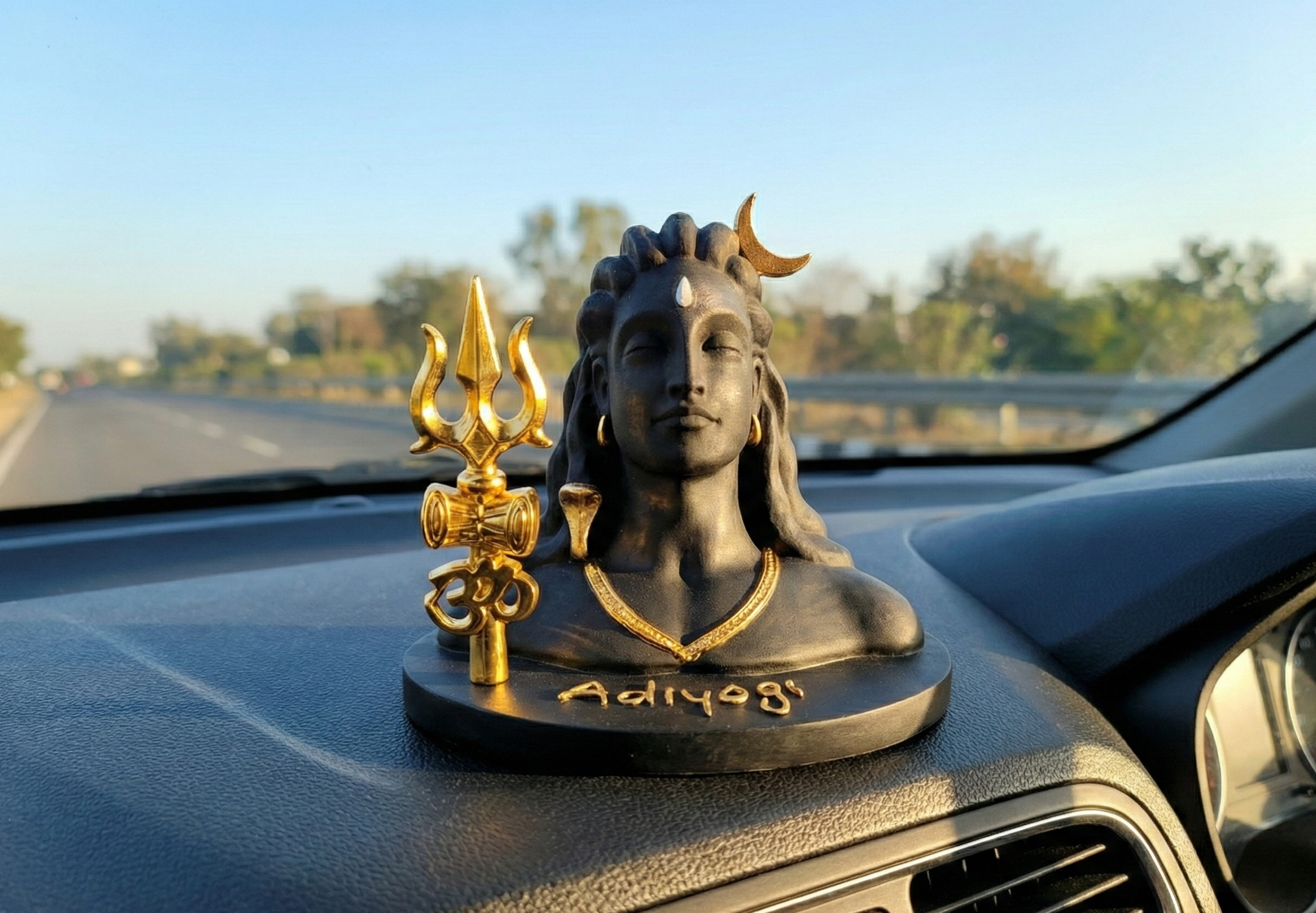 Adiyogi Shiva Idol Car Dashboard Figurine, Black and Gold with Trishul and Om Symbol, Resin, 8x8x7 cm