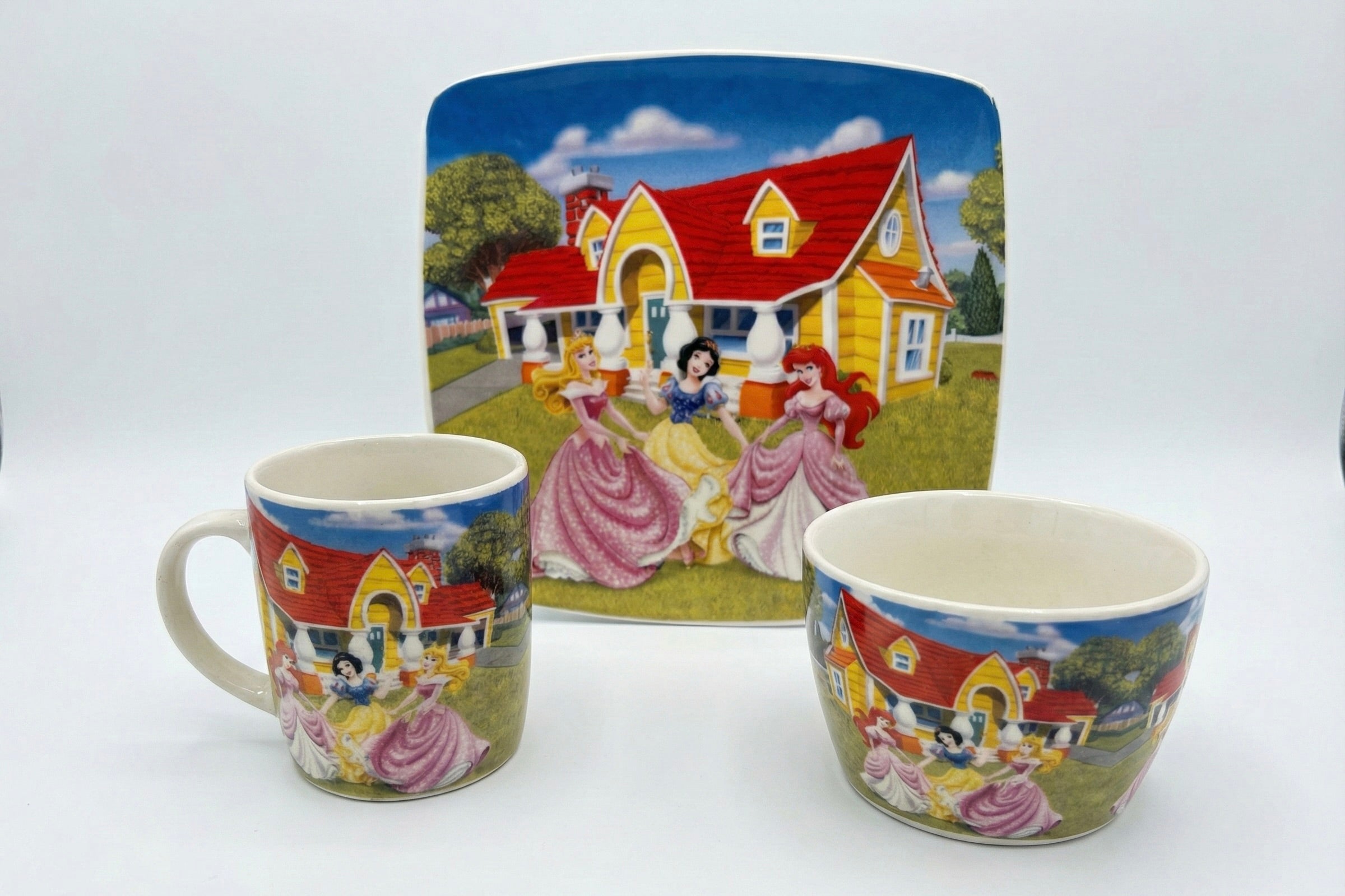 Princess Dinnerware Set, 3-Piece, Mug Bowl Plate, Ceramic, Colorful Character Design, Kids Tableware