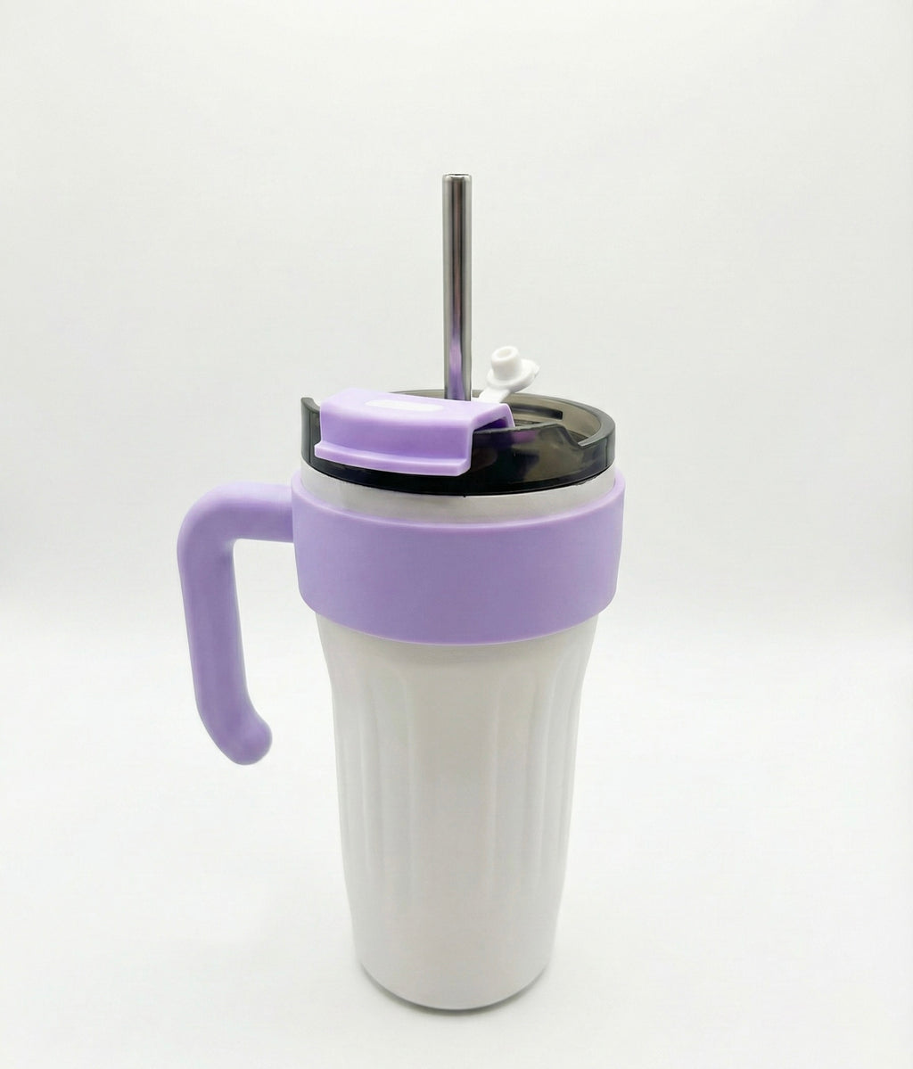 Insulated Tumbler with Handle and Straw, Purple and White, Spill-Proof Lid, Travel Cup